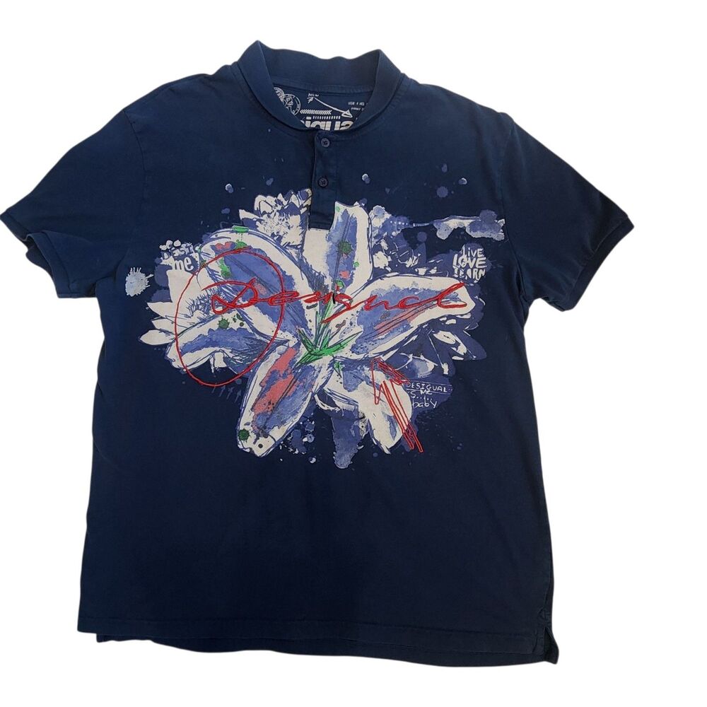 Desigual Mens Polo Shirt-Bold Floral Abstract Graphic-Embroidery Spellout-XL-2X* - Picture 9 of 12